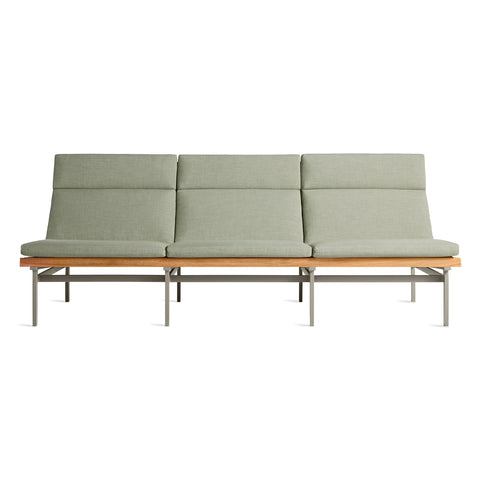 Perch Outdoor 3 Seat Sofa by Blu Dot in Sunbrella Linen with White frame, FSC-certified teak slats, front view
