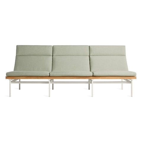 Perch Outdoor 3 Seat Sofa by Blu Dot in Sunbrella Linen with Charcoal frame, FSC-certified teak slats, front view