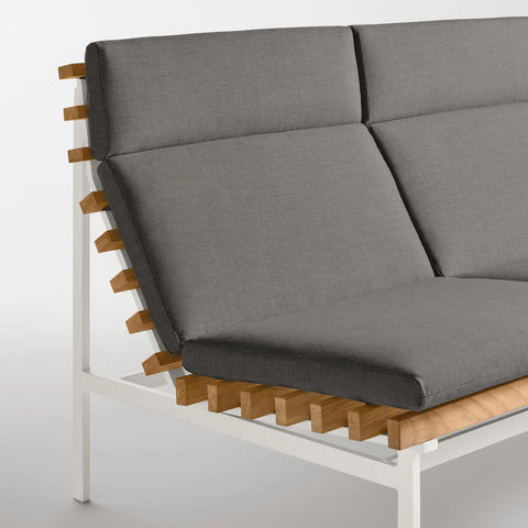 Perch Outdoor 3 Seat Sofa by Blu Dot, teak slat and White frame with Toohey Charcoal cushion, side detail