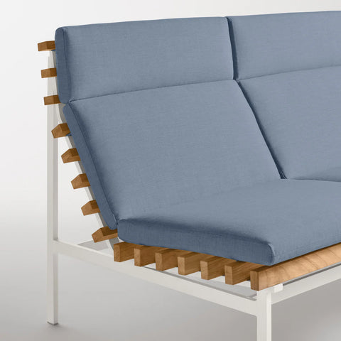 Perch Outdoor 3 Seat Sofa by Blu Dot, teak slat and White frame with Sunbrella Haze cushion, side detail