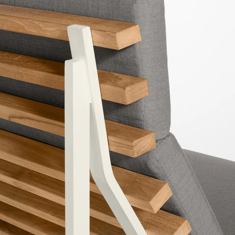 Perch Outdoor Lounge Chair by Blu Dot, FSC-certified teak slats and White frame with Toohey Charcoal cushion detail