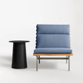 Perch Outdoor Lounge Chair by Blu Dot in Sunbrella Haze with charcoal aluminum frame and teak slats, styled with Circula Tall Side Table in Oblivion