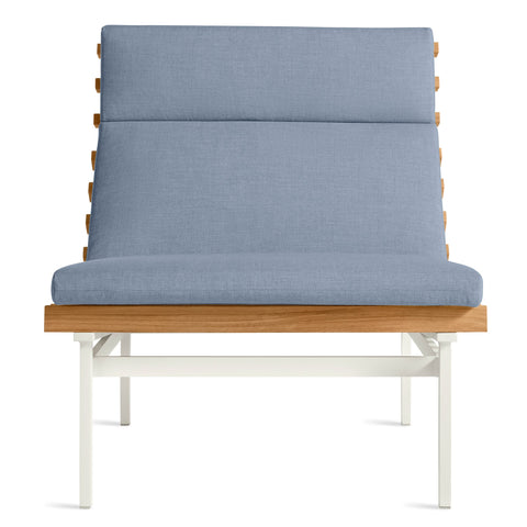 Perch Outdoor Lounge Chair by Blu Dot in Sunbrella Oasis with white aluminum frame and teak slats, front view
