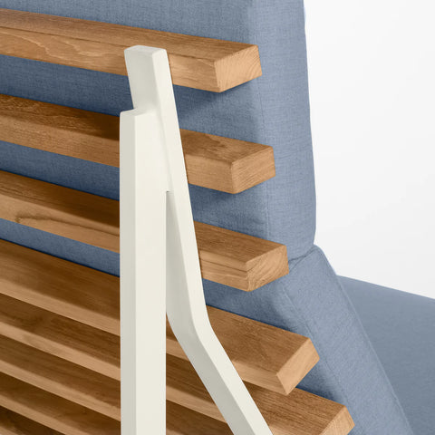 Perch Outdoor Lounge Chair by Blu Dot, FSC-certified teak slats and White frame with Sunbrella Haze cushion detail