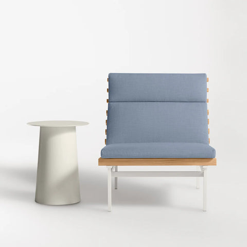 Perch Outdoor Lounge Chair by Blu Dot in Sunbrella Haze with white aluminum frame and teak slats, styled with Circula Tall Side Table in Putty