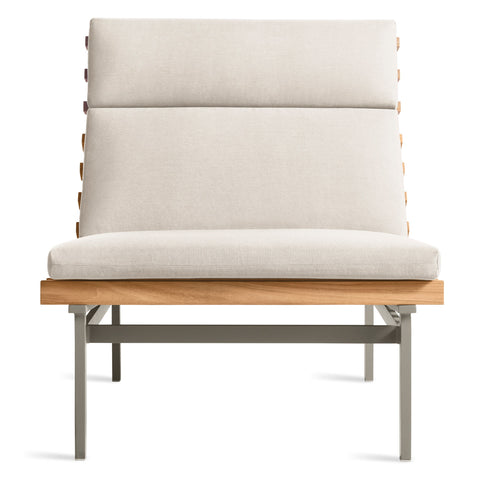 Perch Outdoor Lounge Chair by Blu Dot in Sunbrella Haze with charcoal aluminum frame and teak slats, front view