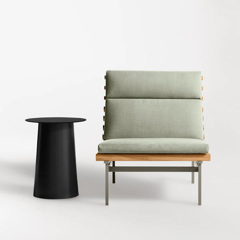 Perch Outdoor Lounge Chair by Blu Dot in Sunbrella Oasis with charcoal aluminum frame and teak slats, styled with Circula Tall Side Table in Oblivion