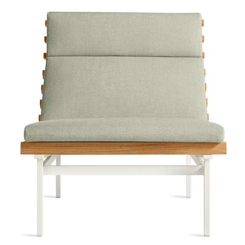 Perch Outdoor Lounge Chair by Blu Dot in Sunbrella Linen with white aluminum frame and teak slats, front view