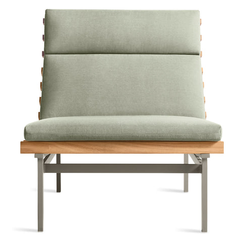 Perch Outdoor Lounge Chair by Blu Dot in Sunbrella Linen with charcoal aluminum frame and teak slats, front view