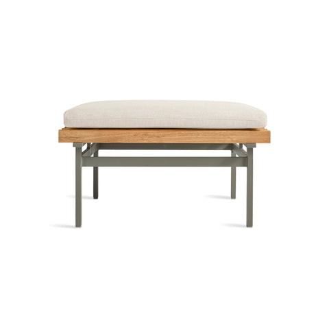 Perch Outdoor Ottoman by Blu Dot in Sunbrella Linen with Charcoal Steel frame, front view
