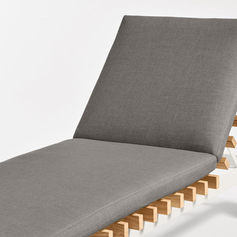 Perch Outdoor Sun Lounger by Blu Dot, Toohey Charcoal Sunbrella cushion and FSC-certified teak slat detail