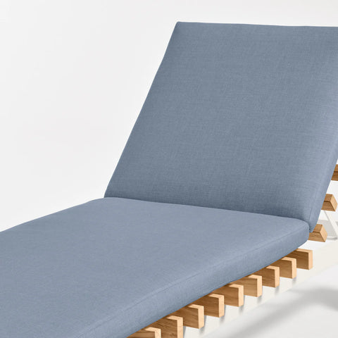 Perch Outdoor Sun Lounger by Blu Dot, Sunbrella Haze cushion and FSC-certified teak slat detail