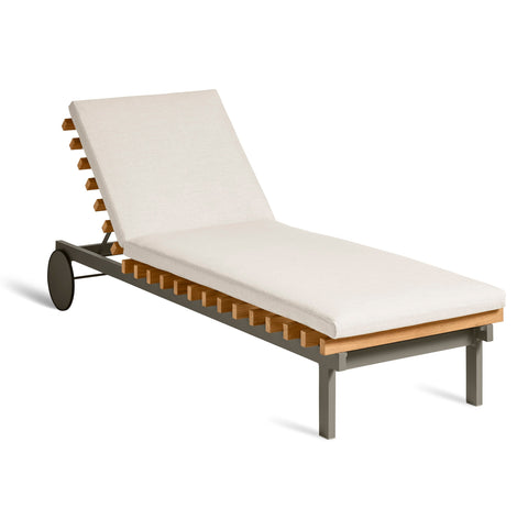 Perch Outdoor Sun Lounger by Blu Dot in Toohey Charcoal with charcoal aluminum frame, angled side view