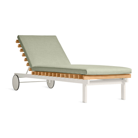 Perch Outdoor Sun Lounger by Blu Dot in Sunbrella Haze with white aluminum frame, side view