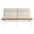 Perch Outdoor 2 Seat Sofa by Blu Dot in Sunbrella Haze with white aluminum frame and teak slats, front view