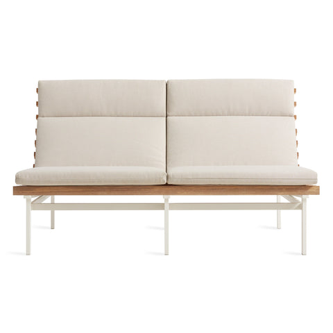 Perch Outdoor 2 Seat Sofa by Blu Dot in Sunbrella Haze with white aluminum frame and teak slats, front view