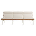 Perch Outdoor 3 Seat Sofa by Blu Dot in Sunbrella Haze with White frame, FSC-certified teak slats, front view