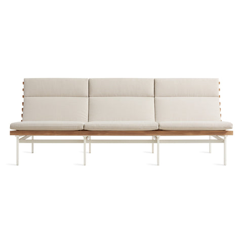 Perch Outdoor 3 Seat Sofa by Blu Dot in Sunbrella Haze with White frame, FSC-certified teak slats, front view