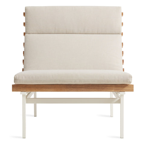 Perch Outdoor Lounge Chair by Blu Dot in Sunbrella Haze with white aluminum frame and teak slats, front view