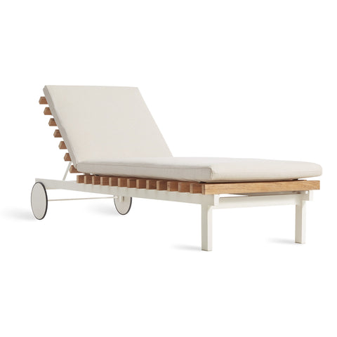 Perch Outdoor Sun Lounger by Blu Dot in Sunbrella Linen with white aluminum frame, side view