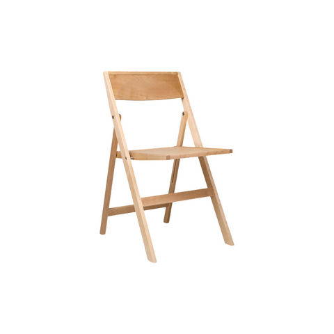 Frama Folding Flat Chair in Natural Birch, pale birch folding chair open with crossed A frame legs, three quarter view on white