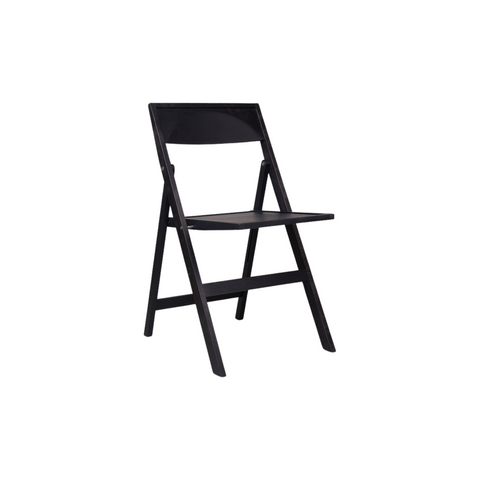 Frama Folding Flat Chair in Ash Black Birch, black stained folding chair open with the wood grain showing through, angled on white