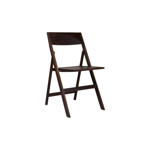 Frama Folding Flat Chair in Dark Brown Birch, dark brown folding chair standing open with a curved back rail, angled view on white