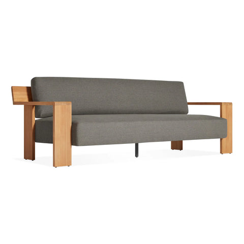 Ridge Outdoor Sofa by Blu Dot in FSC-certified teak and Toohey Charcoal Sunbrella upholstery, 3/4 front view