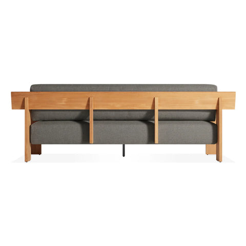 Ridge Outdoor Sofa by Blu Dot in Toohey Charcoal, rear view showing teak frame construction
