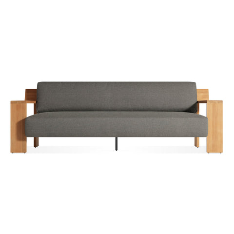 Ridge Outdoor Sofa by Blu Dot in FSC-certified teak and Toohey Charcoal Sunbrella upholstery, front angle view