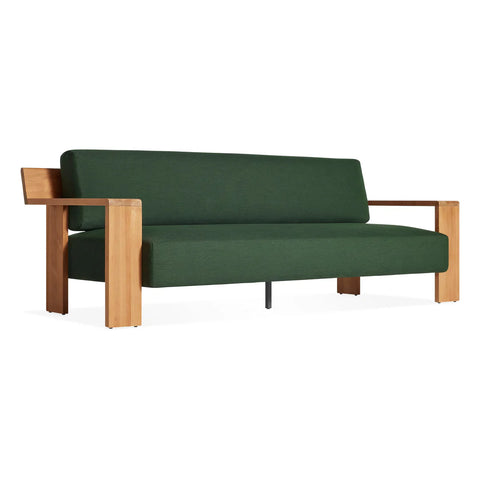 Ridge Outdoor Sofa by Blu Dot in FSC-certified teak and Sunbrella Ivy upholstery, 3/4 front view