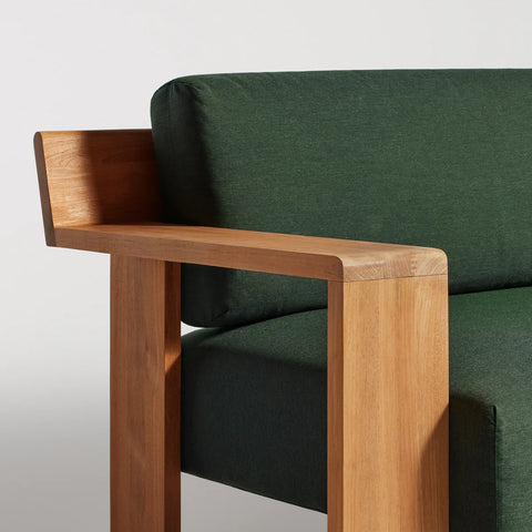 Ridge Outdoor Sofa by Blu Dot, teak arm and Sunbrella upholstery detail in Sunbrella Ivy