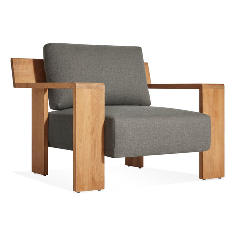 Ridge Outdoor Lounge Chair by Blu Dot in FSC-certified teak with Toohey Charcoal Sunbrella cushions, front three-quarter view