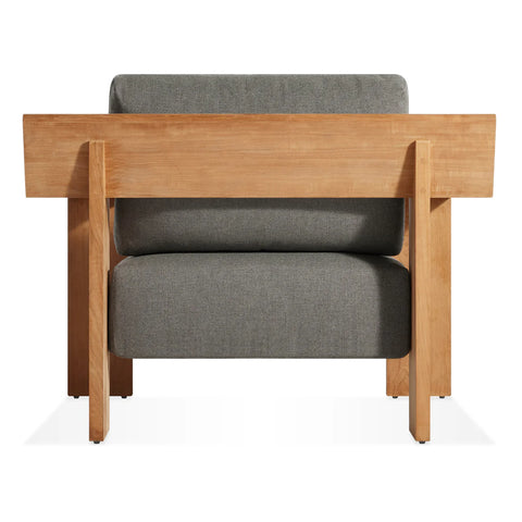 Ridge Outdoor Lounge Chair by Blu Dot in FSC-certified teak with Toohey Charcoal Sunbrella cushions, rear view