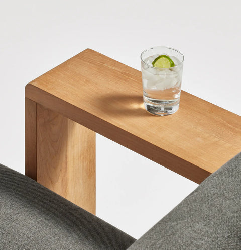 Ridge Outdoor Lounge Chair by Blu Dot, FSC-certified teak wide arm detail with Toohey Charcoal Sunbrella cushion