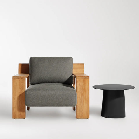 Ridge Outdoor Lounge Chair by Blu Dot in FSC-certified teak with Toohey Charcoal Sunbrella cushions, front view