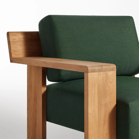 Ridge Outdoor Lounge Chair by Blu Dot, FSC-certified teak arm and back joinery detail with Sunbrella Ivy cushion