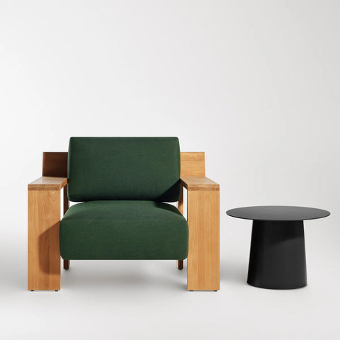 Ridge Outdoor Lounge Chair by Blu Dot in FSC-certified teak with Sunbrella Ivy cushions, front view