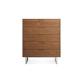 Series 11 5 Drawer Dresser by Blu Dot in Walnut with Stainless Steel legs, low front view