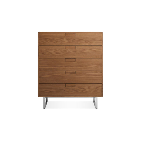 Series 11 5 Drawer Dresser by Blu Dot in Walnut with Stainless Steel legs, low front view