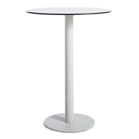 Skiff 30" Outdoor Bar Height Table by Blu Dot in white powder-coated aluminum with solid laminate top, front view