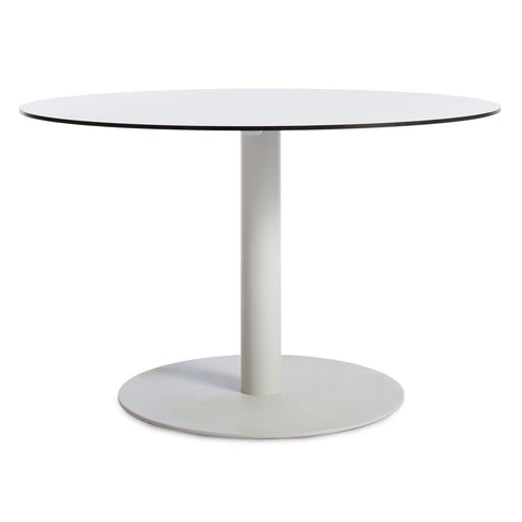 Skiff 47" Large Outdoor Café Table by Blu Dot in white powder-coated aluminum with solid laminate top, front view