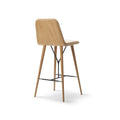 Rear three quarter view of Fredericia Spine Barstool with Backrest in lacquered oak with tan leather seat