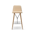 Front view of Fredericia Spine Barstool with Backrest in lacquered oak and tan leather upholstery
