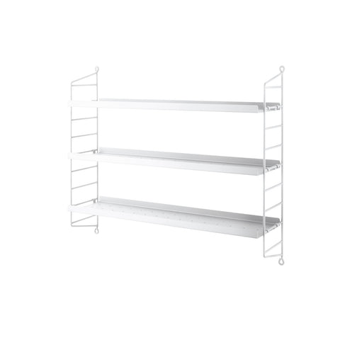 String® Pocket Metal shelf in white, minimalist Scandinavian wall-mounted shelving unit from the String® System.