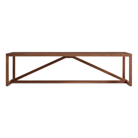 Blu Dot Strut Coffee Table in walnut, long low silhouette with triangulated wood base