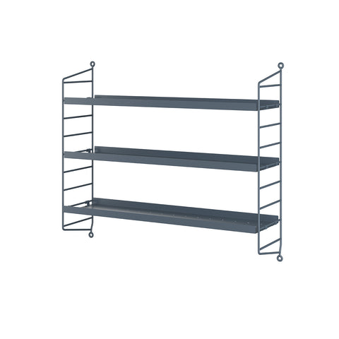 String® Pocket Metal shelf in blue-grey, Scandinavian modular shelving system in powder-coated steel.