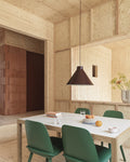 oak wall panels with scandinavian dining chairs and dining table designed by muuto