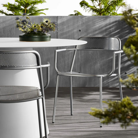 Trim Armchair by Blu Dot in White perforated powder-coated steel, front view