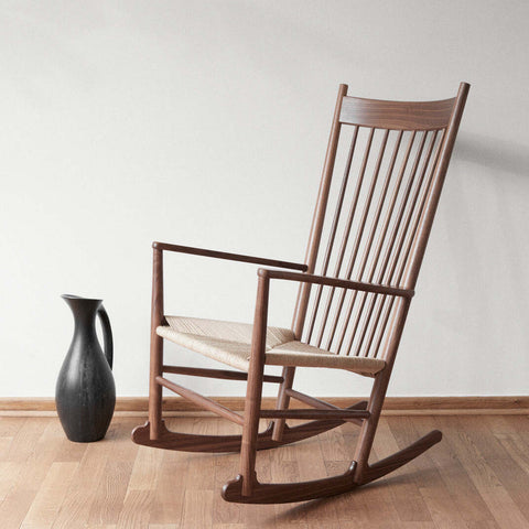 j16 rocking chair designed by hans wegner in walnut finish for fredericia furniture